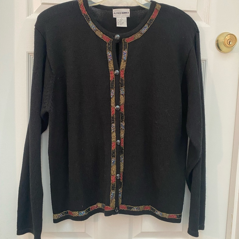 Alfred Dunner Black Cardigan with Multicolor Embellished Beaded Trim - Large